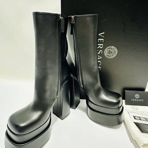Versace Runway Aevitas Platform Black Leather Ankle Bootie 37.5/ 7.5 NIB $1,725 - Picture 7 of 16